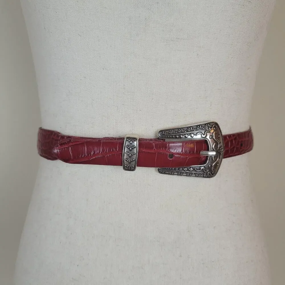 Lake Shore Drive Belt Medium Red Leather Western Buckle Croc Embossed‎ Textured